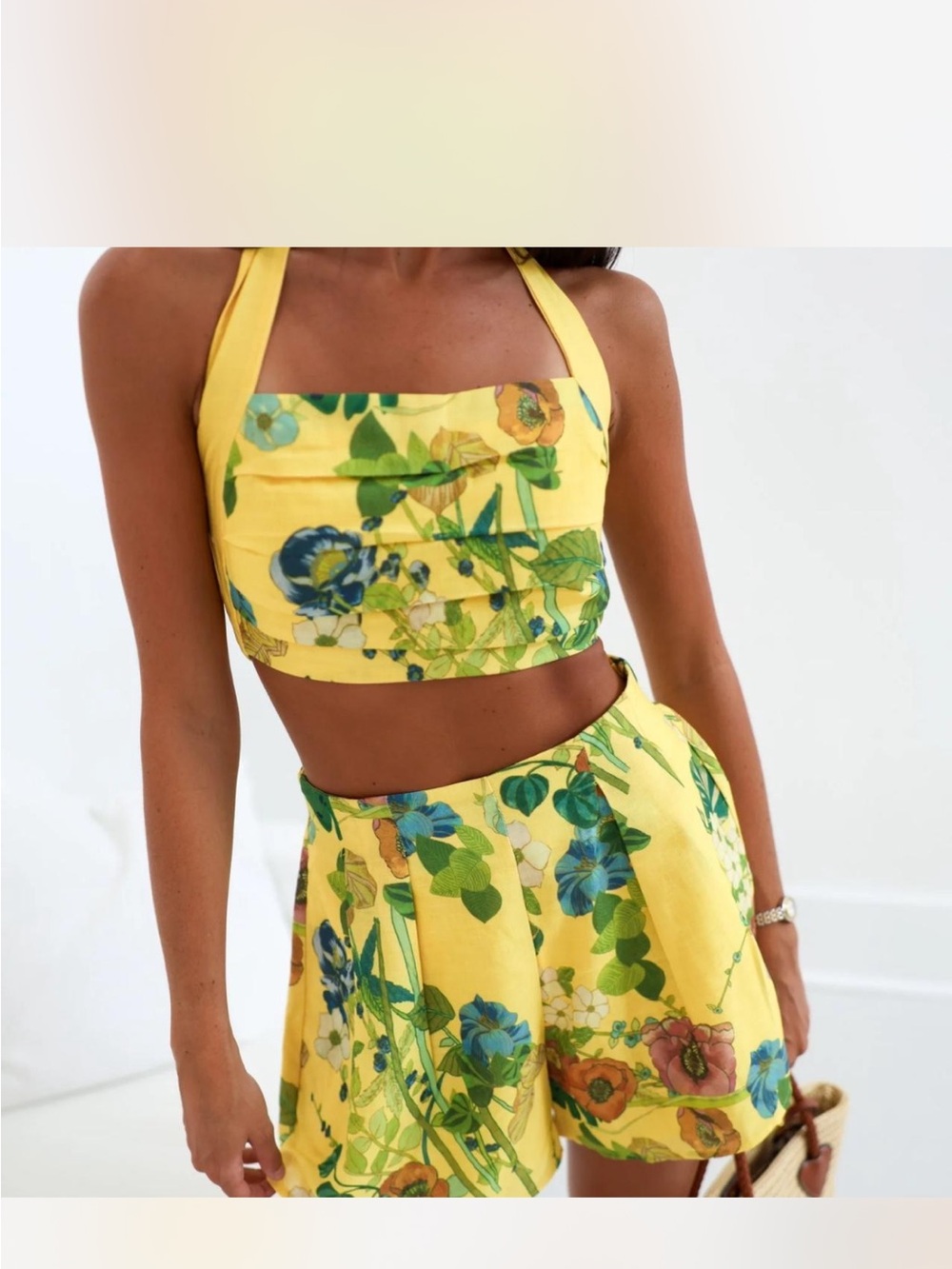 Alemais inspired Yellow Floral Two-Piece Crop Top and Shorts Set